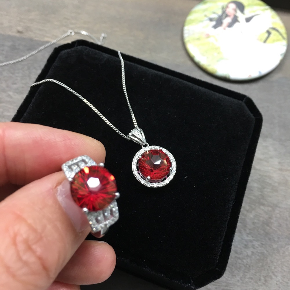 Certified 11.5 CT Red Topaz Ring Necklace Set RARE - Picture 3 of 17